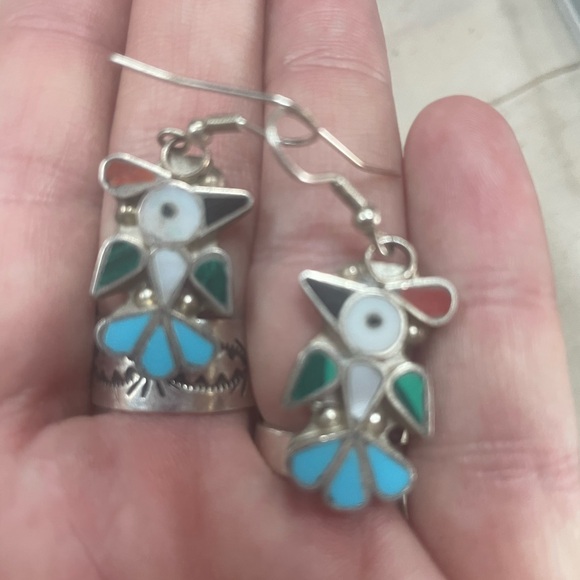 Zuni Jewelry - Zuni Style 925 Silver and Multicolor Inlay Earrings-Signed 2”